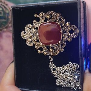 Antique Pendant Brooch by WS With Carnelian & Marcasite Stones